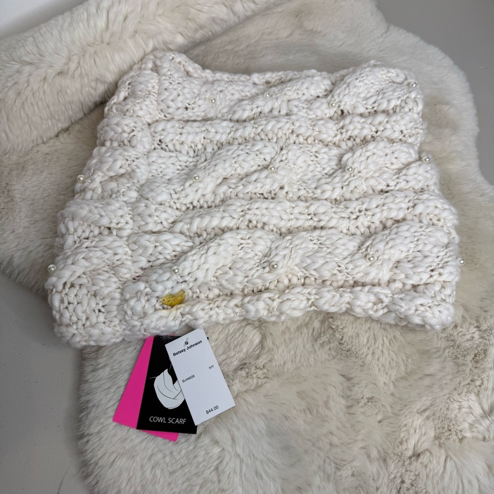 Betsey Johnson Pearl-Embellished Knit Cowl‎ Scarf in Cream